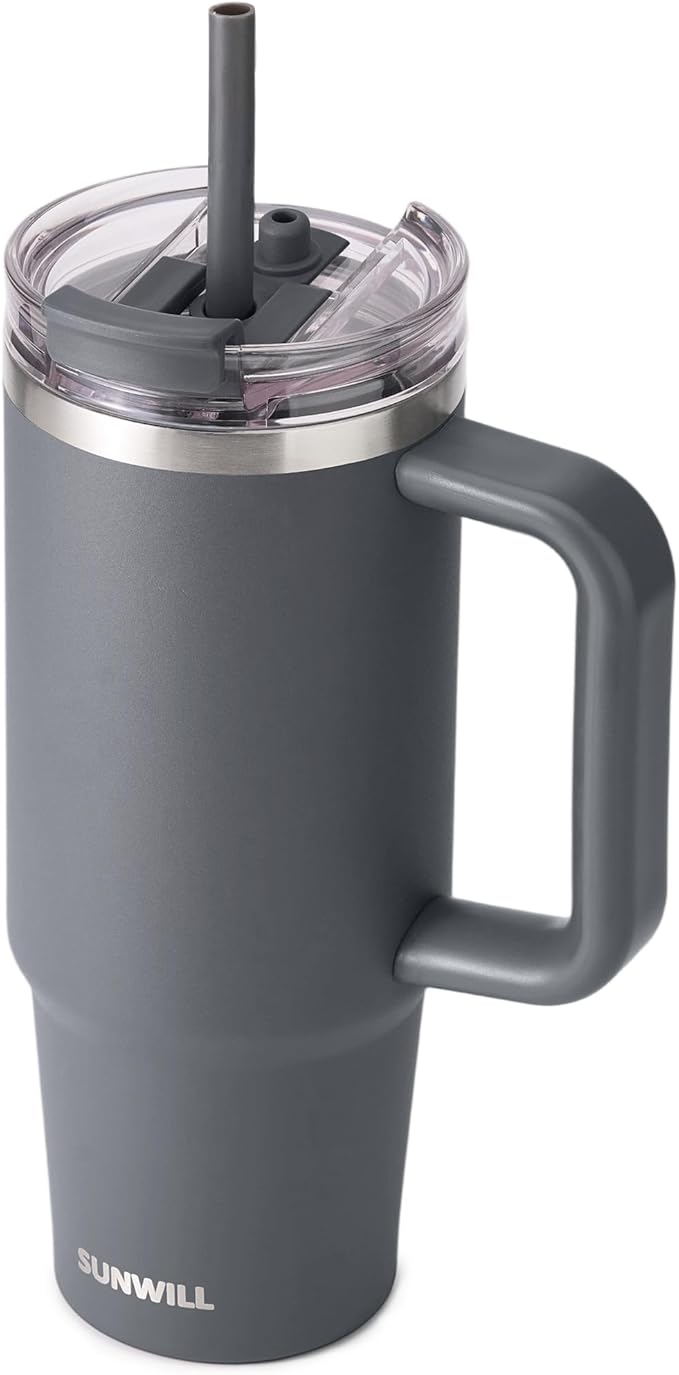 SUNWILL Travel Coffee Mug with Lid, 30 oz Tumbler with Handle and Straw Leak Proof, Stainless Steel Cup Insulated for Office & Camping, Cupholder Friendly, Powder Coated Charcoal by SUNWILL