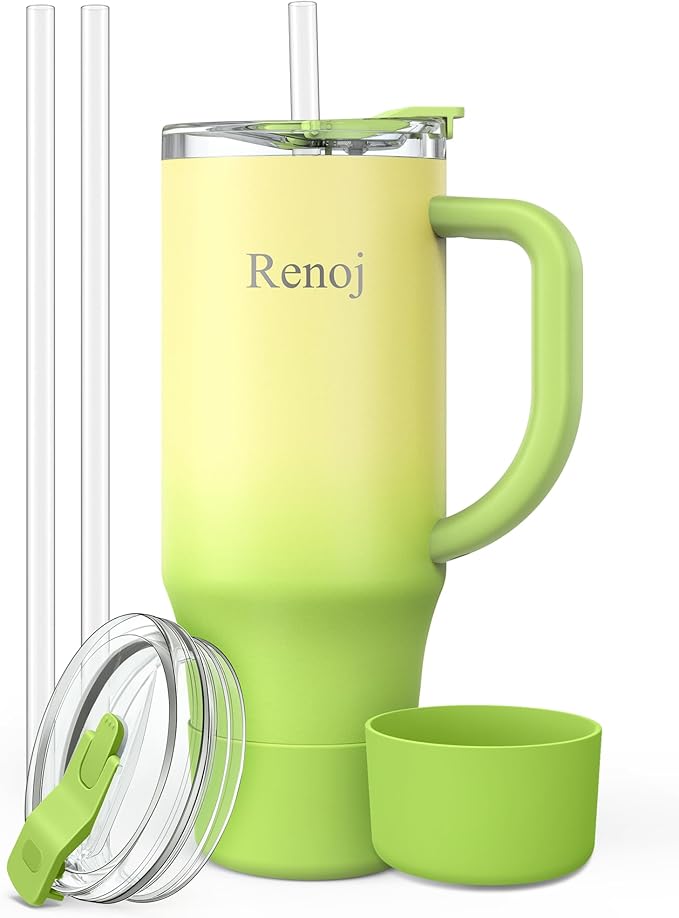 Renoj Insulated Mug 100% Leak Proof Insulated Water Bottle for Iced Coffee & Hot Drinks - Fits Car Cup Holder, Ideal Gift, 2 Straws & Silicone Boot - SnapShift Green Gradient 32 oz by VisittheRenoj