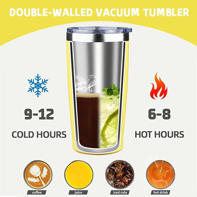 20 oz Tumbler with Lids and Straws, Stainless Steel Insulated Coffee Tumbler, Double Wall Vacuum Insulated Travel Mug Cup, Leakproof Thermal Coffee Cup for Hot and Cold Drinks (Yellow) - Image 3