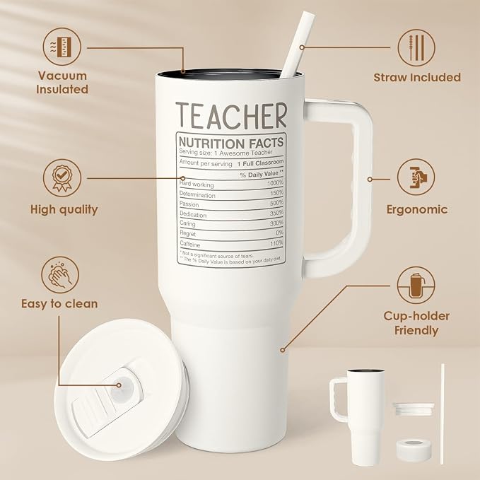 SANDJEST Teacher Appreciation Gift – 40oz Stainless Steel Insulated Tumbler with Handle and Straw - Teacher Nutrition Facts Travel Coffee Mug Cup for Women Back to School Birthday Christmas - Image 2