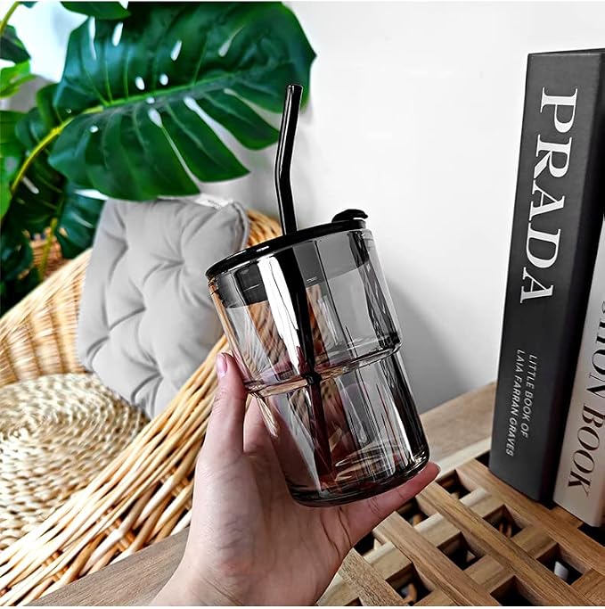 BLUEPOLAR 13oz/400ml Tumbler Water Glass, Water Bottle with Straw and Lid Sealed Carry on, Glass Coffee Mug Iced Tea Cup Thick Wall Insulated Glass Cup (Gray) - Image 2
