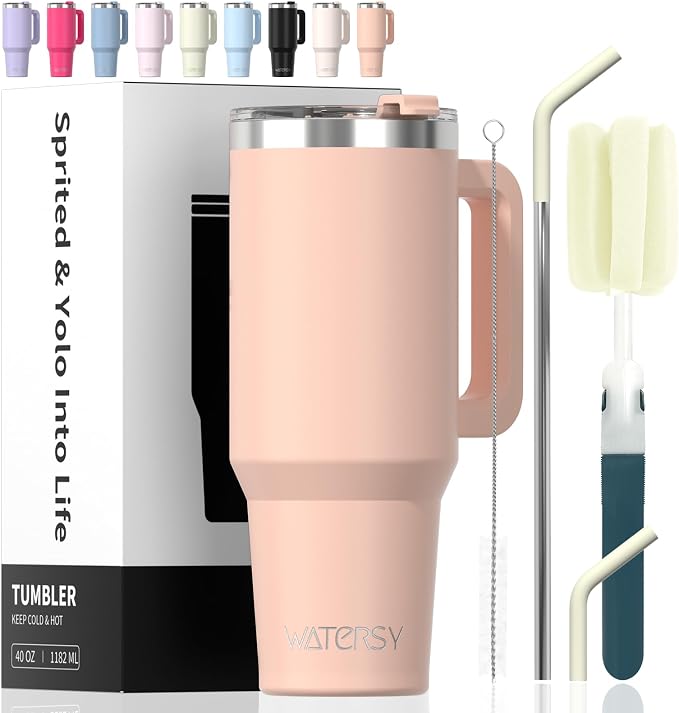 40 oz Tumbler with Handle,Tumbler with Lid and Straw,Double Wall Insulated Cup Stainless Steel Travel Mug(Cold for 34 Hours),Water Bottle for Iced Tea,Coffee,Cold Beverages(Pink) by Watersy
