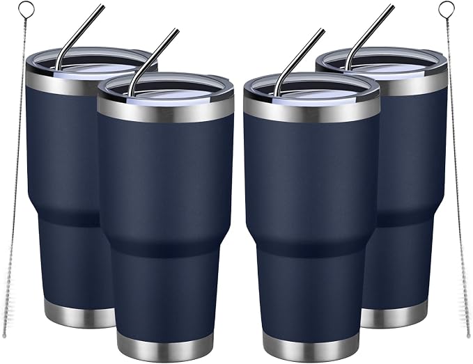 MEWAY 30oz Insulated Tumbler With Lids and Straws,Stainless Steel Double Vacuum Coffee Tumbler Cup, Brush, Durable Powder Coated Coffee Cup for Cold & Hot Drinks, Office, Travel(Navy,4 PACK) by MEWAY