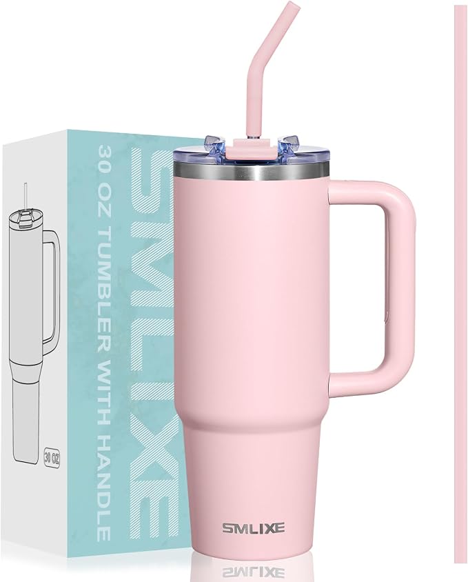 30 oz Tumbler with Handle, Tumbler with Lid and Straw, Double Wall Vacuum Insulated Travel Mug Stainless Steel Tumbler for Hot and Cold, Cupholder Friendly (Pink) by smlixe
