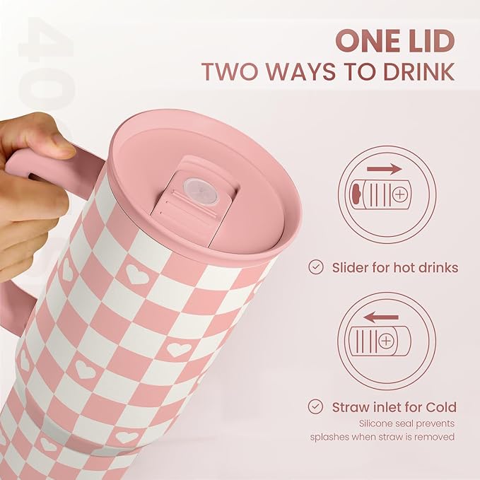 40oz Checkered and Heart Tumbler with Handle and Straw - Insulated Stainless Steel Travel Coffee Mug for Women Girls, Gift for Birthday, Christmas - Image 5