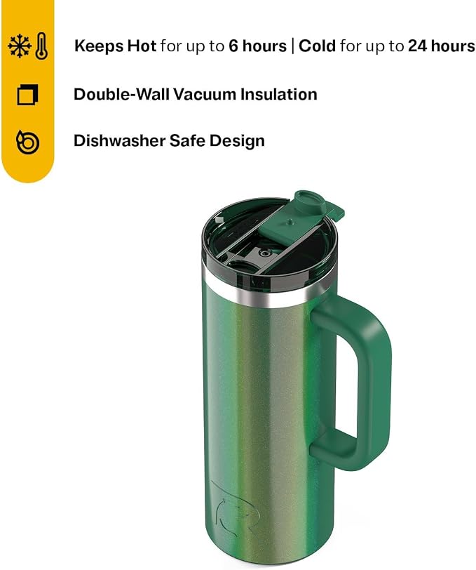 RTIC 20oz Road Trip Travel Mug with Lid and Handle, Ceramic Lined, Insulated, Stainless Steel, Metal, Double Wall Vacuum-Insulation, Portable Coffee, Tea Cup for Hot and Cold Drink, Pine Tree Glitter - Image 2