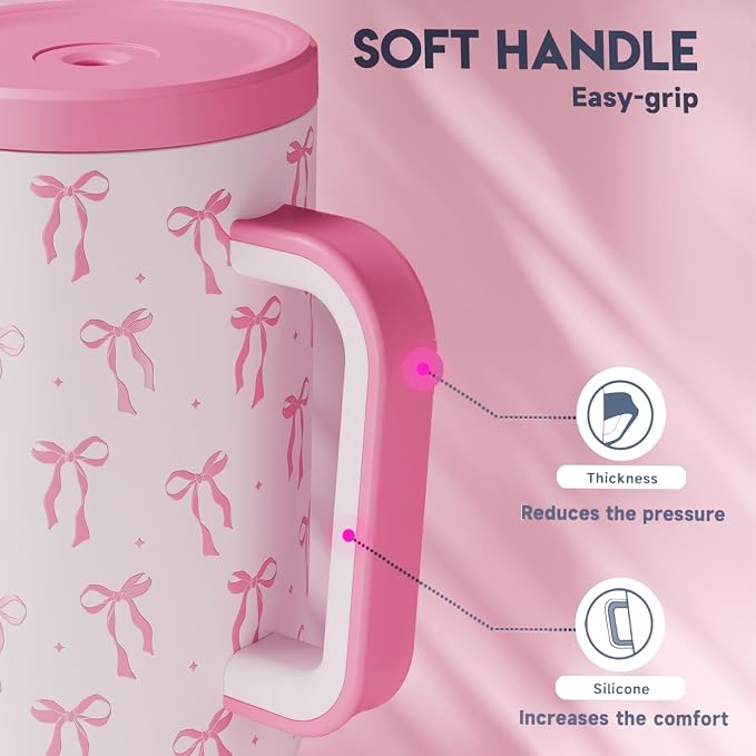 Meoky 40 oz Tumbler with Handle and Straw: Stainless Steel Insulated Tumbler with Lid and Straw - 100% Leak Proof Tumbler for Car Cup Holders - Travelers Commuters Workers, Bow - Image 6