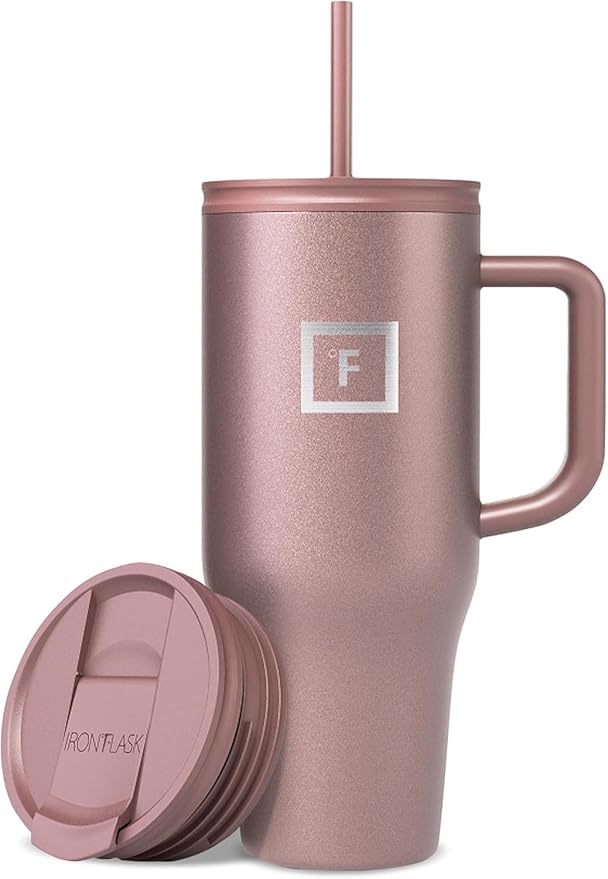 IRON °FLASK Co-Pilot Insulated Mug w/Straw & Flip Cap Lids - Cup Holder Bottle for Hot, Cold Drink - Leak-Proof - Water, Coffee Portable Travel Mug - Rose Gold, 32 Oz by IronFlask