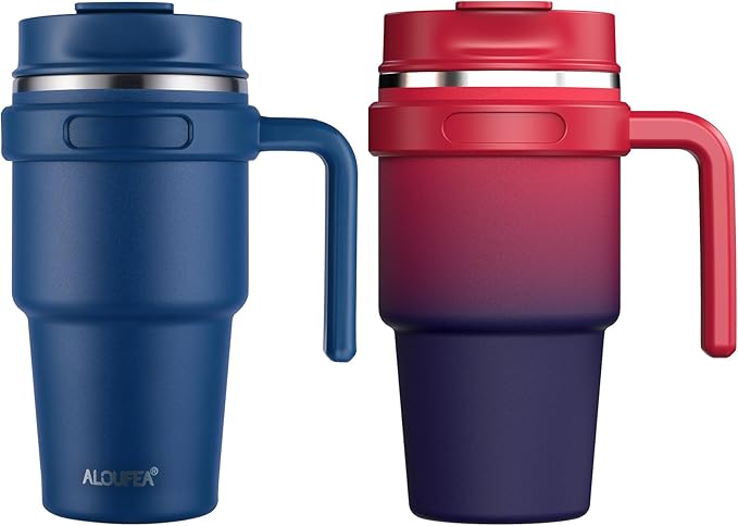 ALOUFEA 20 oz Insulated Coffee Mug Tumbler with Handle, Stainless Steel Travel Mug Tumbler with Lid and Straw,Double Wall Vacuum Leak Proof Ice Coffee Thermal Cup, Navy/Dark Rainbow by ALOUFEA