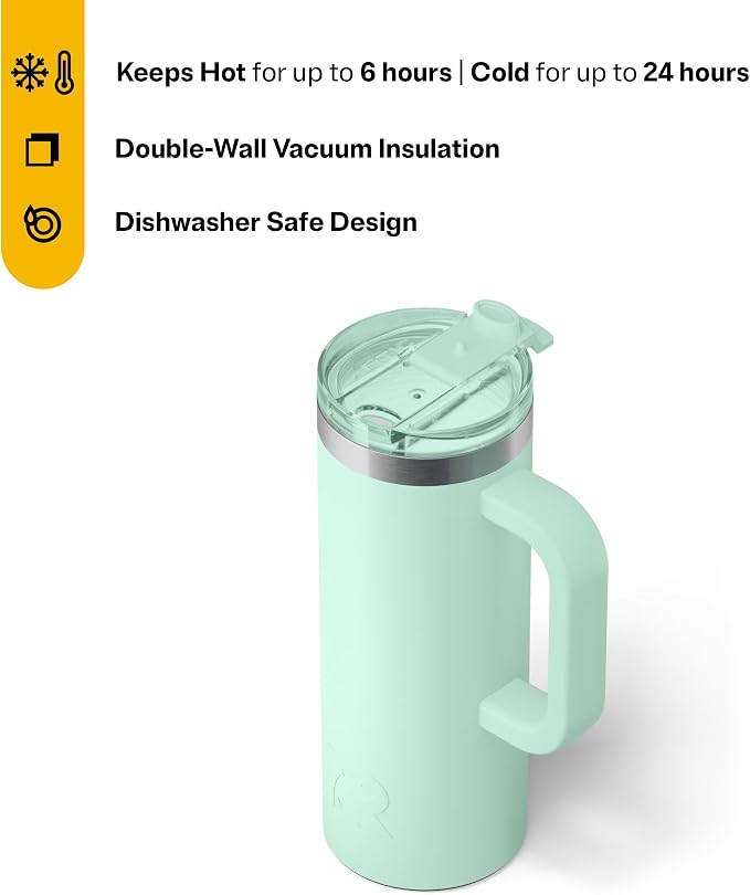 RTIC 20oz Road Trip Travel Mug with Lid and Handle, Ceramic Lined, Insulated, Stainless Steel, Metal, Double Wall Vacuum-Insulation, Portable Coffee, Tea Cup for Hot and Cold Drink, Fresh Mint - Image 3