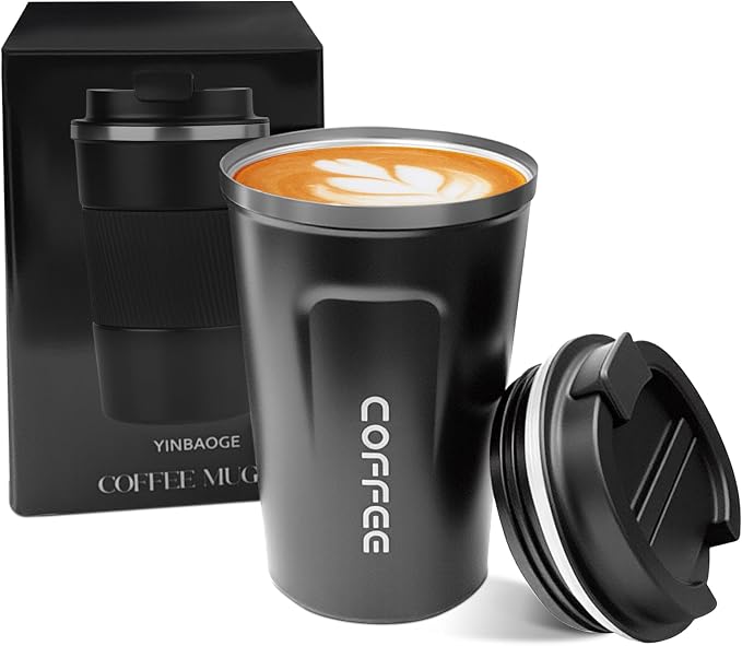 YINBAOGE Insulated Travel Coffee Mug, Spill & Leak Proof, Portable To Go Camping Stainless Steel Coffee Tumbler, Reusable Thermal Coffee Cup with Lid for Hot & Cold Drinks (2nd-Black, 12 OZ) by YINBAOGE