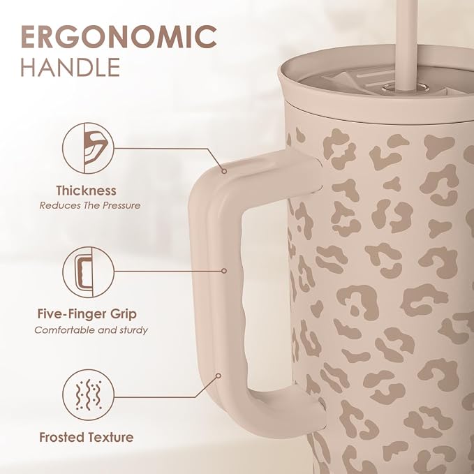 SANDJEST Leopard Tumbler with Handle, Insulated Cup Stainless Steel Travel Mug Cup, Gifts for Women Girl on Birthday Christmas, Tan Leopard, 40oz - Image 3