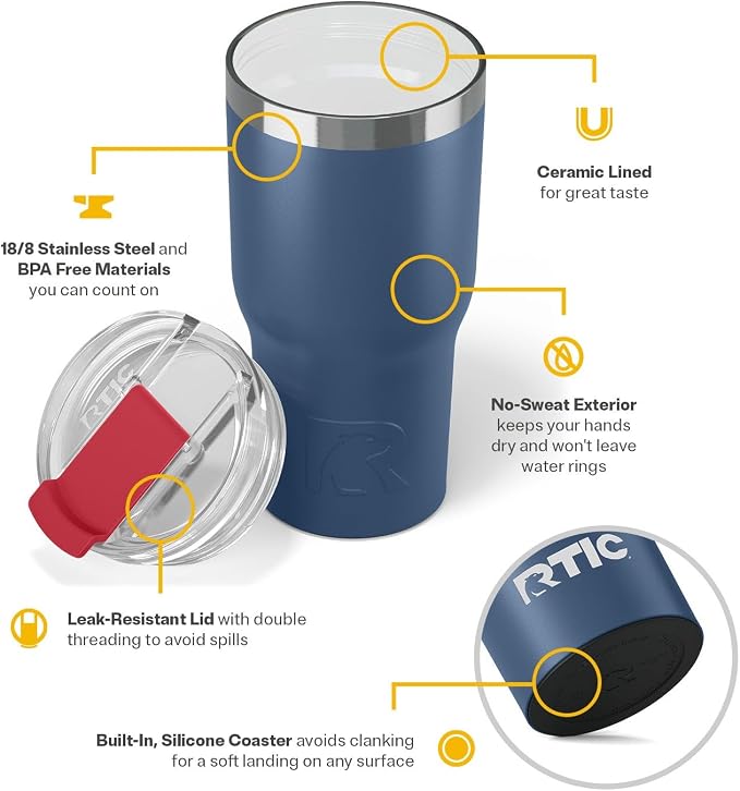 RTIC 20oz Essential Tumbler with Lid, Ceramic Lined, Insulated, Stainless Steel, Metal, Double Wall Vacuum-Insulation, Travel Cup for Iced Coffee, Tea, Hot and Cold Drink, Patriot - Image 4