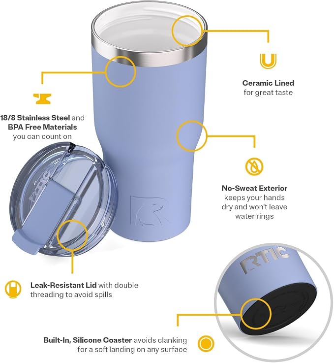 RTIC 30oz Essential Tumbler with Lid, Ceramic Lined, Insulated, Stainless Steel, Metal, Double Wall Vacuum-Insulation, Travel Cup for Iced Coffee, Tea, Hot and Cold Drink, Periwinkle - Image 3