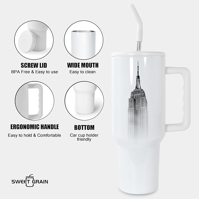 sweet grain 40 oz Sublimation Tumbler with Handle and Straw(20 Pack) Stainless Steel Double Wall Vacuum Insulated Travel Mug Cup Tumblers Bulk Sublimation Blank - White - Image 3