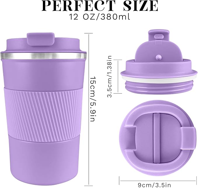 YINBAOGE Insulated Travel Coffee Mug, Spill & Leak Proof, Portable To Go Camping Stainless Steel Coffee Tumbler, Reusable Thermal Coffee Cup with Lid for Hot & Cold Drinks (Purple, 12 OZ) - Image 3