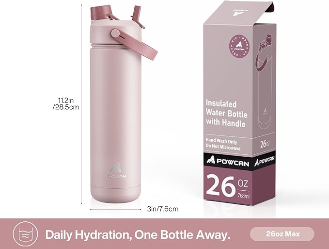 POWCAN 26 oz Insulated Water Bottle with 2-in-1 Straw and Spout Lid, Keep Cold 24H, Leak-Proof, Fits in Car Cup Holder, Stainless Steel Water Bottle for Sports, Travel, Gym, and School (Dried Rose) - Image 6