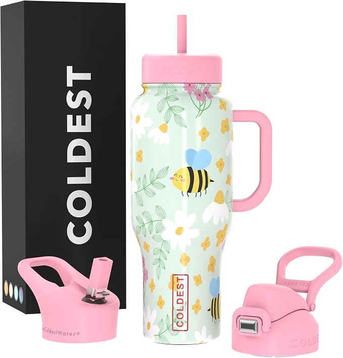Coldest Tumbler with Handle and Straw, 100% Leak Proof Insulated Tumbler with Lid and Straw (3 Lids), Stainless Steel Tumblers for Women & Men, Cup Holder Friendly Base, 46 oz (Stung by a bee) by Coldest