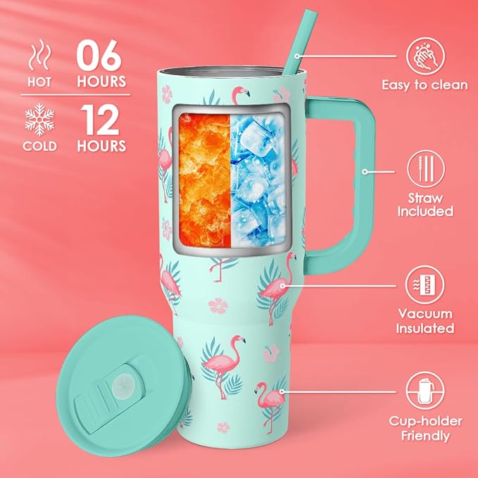 Flamingo Tumbler, Stainless Steel Insulated Tumblers Coffee Mug Cup with Handle, Gifts for Women Girls on Birthday Christmas Summer, 40oz - Image 2