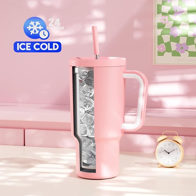 Meoky 30 oz Tumbler with Handle, Tumbler with Lid and Straw, Insulated Stainless Steel Travel Mug, 100% Leak-proof, Cupholder Friendly, Keeps Cold for 24 Hours or Hot for 8 Hours (Blush) - Image 2