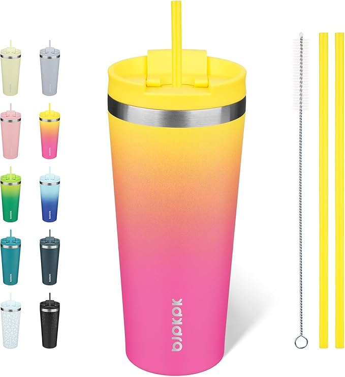 BJPKPK 22oz Stainless Steel Insulated Tumbler With lid And Straw Travel Coffee Thermal Tumblers Cup For Women And Men,Pink Yellow Rose by BJPKPK
