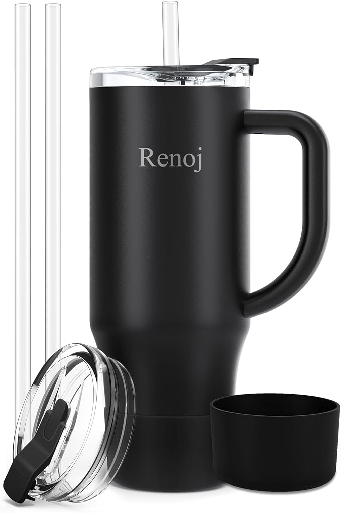 Renoj Insulated Mug 100% Leak Proof Insulated Water Bottle for Iced Coffee & Hot Drinks - Fits Car Cup Holder, Ideal Gift, 2 Straws & Silicone Boot - SnapShift Black 40 oz by VisittheRenoj