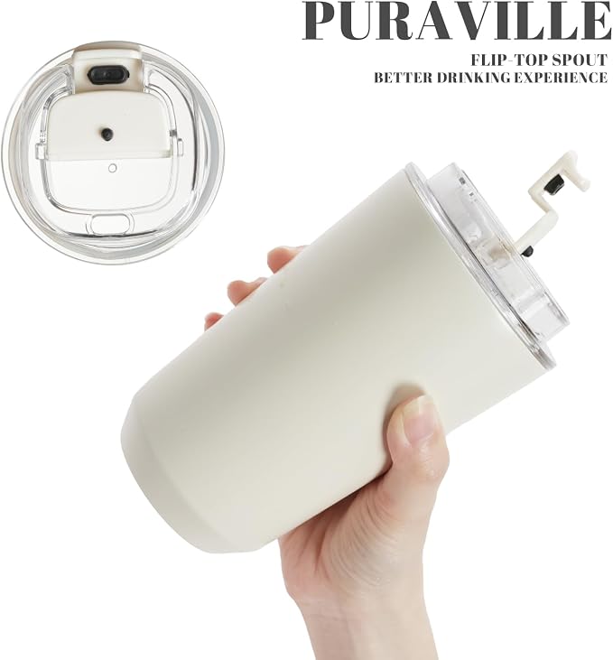 Puraville Insulated Tumblers with Lid, 14 oz Travel Coffee Mug Stainless Steel Vacuum Cup, Leak Proof Reusable Double Walled Coffee Tumbler for Iced and Hot Drinks, Cream - Image 6