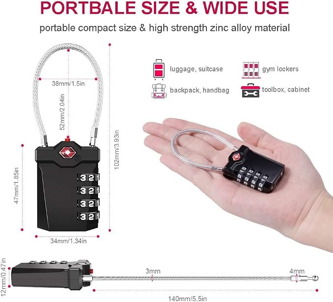 ZHEGE TSA Approved Cable Locks Flexible, Travel Lock Zipper Bag, 4 Digit - Image 5