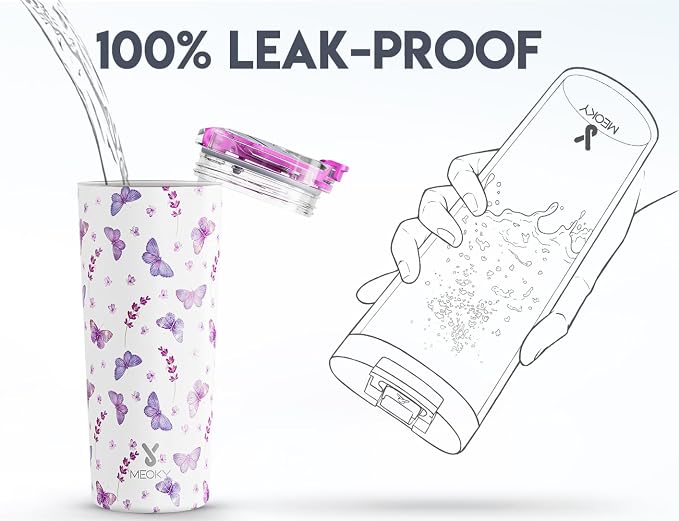 Meoky 24 oz Travel Coffee Mug with Leak-proof Lid, Stainless Steel Insulated Coffee Tumbler, Keeps Hot for 8 Hours or Cold for 24 Hours, Fits in Car Cup Holder (Lavender Butterfly) - Image 5