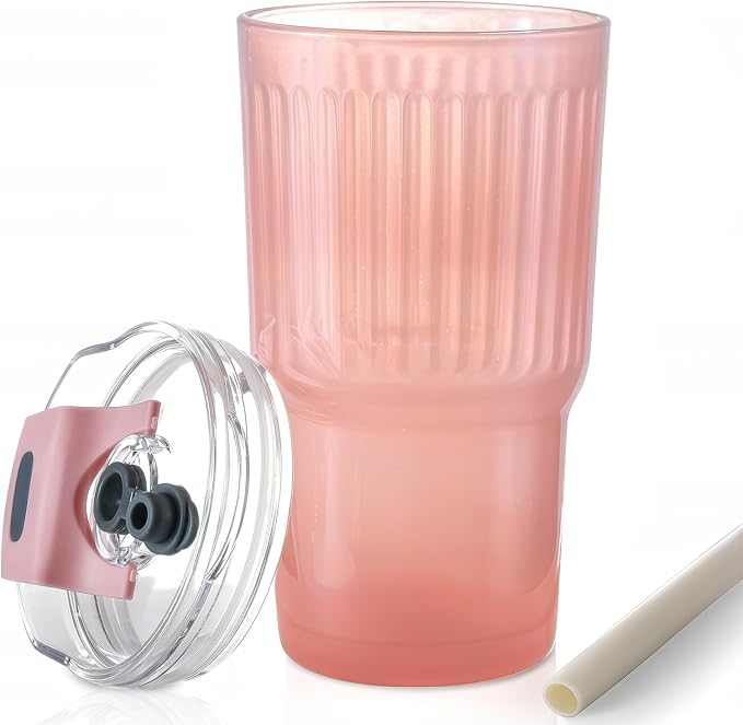 Iced Coffee Cups with Lids: Coffee Bar Accessories - Ribbed Glass Tumbler with Silicone Straw and Lid - 20oz Leak Proof Reusable Glass Cups and Tumblers with Lid and Silicone Straws(1Pcs-Pink) by DWTSDANWEITESI