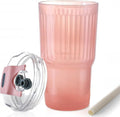 Iced Coffee Cups with Lids: Coffee Bar Accessories - Ribbed Glass Tumbler with Silicone Straw and Lid - 20oz Leak Proof Reusable Glass Cups and Tumblers with Lid and Silicone Straws(1Pcs-Pink) by DWTSDANWEITESI