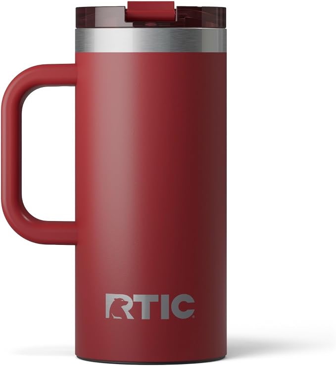 RTIC 16oz Road Trip Travel Mug with Lid and Handle, Insulated, Stainless Steel, Metal, Double Wall Vacuum-Insulation, Ceramic Lined, Portable Coffee, Tea Cup for Hot and Cold Drink, Black Cherry by RTIC