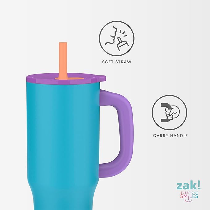 Zak Designs Sutton Travel Tumbler for On the Go, 40oz Stainless Steel with Vacuum Insulation, Silicone Straw, and Carry Handle for Cold Drinks (Smoky Lilac Purple) - Image 5