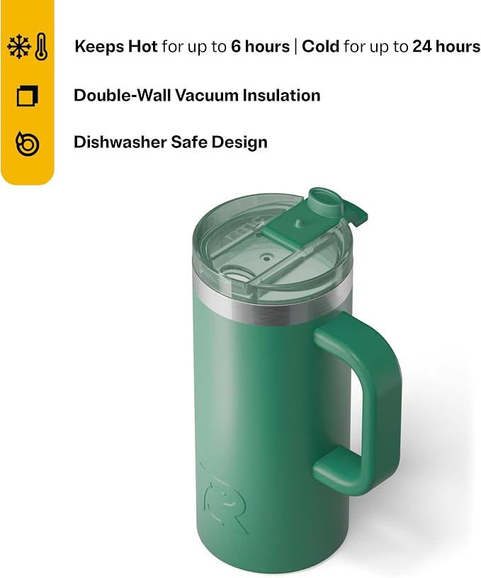 RTIC 16oz Road Trip Travel Mug with Lid and Handle, Ceramic Lined, Insulated, Stainless Steel, Metal, Double Wall Vacuum-Insulation, Portable Coffee, Tea Cup for Hot and Cold Drink, Pine Tree - Image 3