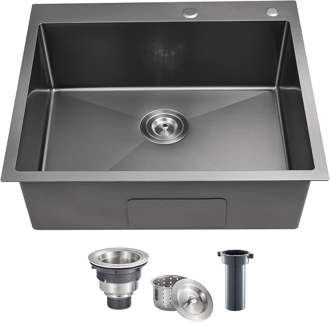 POPFLY 25 Inch Drop In Kitchen Sink, 25x18 Black Stainless Steel Top mount by POPFLY