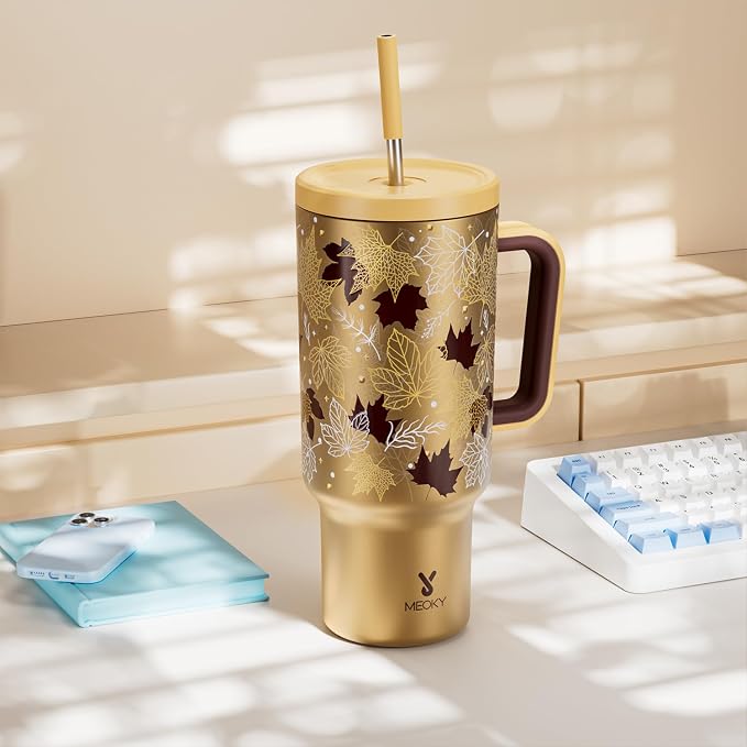 Meoky 40 oz Tumbler with Handle and Straw: Stainless Steel Insulated Tumbler with Lid and Straw - 100% Leak Proof Tumbler for Car Cup Holders - Travelers Commuters Workers, Maple - Image 7