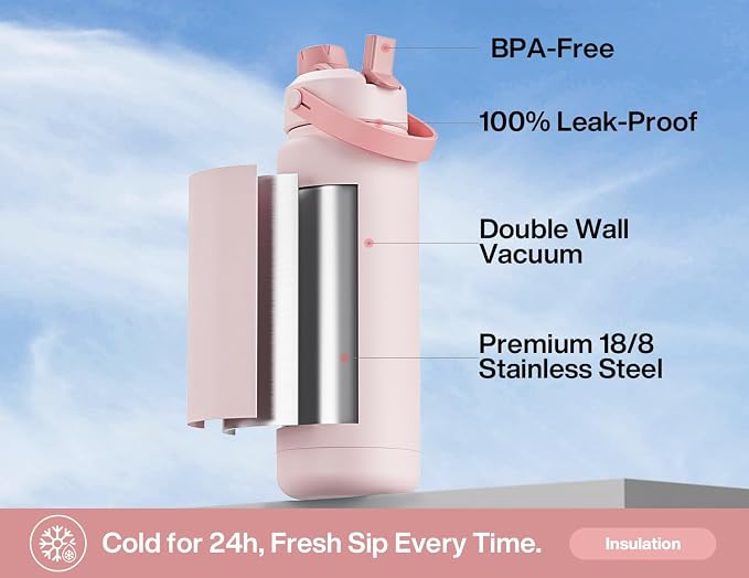 POWCAN 32 oz Insulated Water Bottle with 2-in-1 Straw and Spout Lid, Keep Cold 24H, Leak-Proof, BPA-Free, Double Wall Stainless Steel Water Bottle for Sports, Gym, Travel, and School (Cotton Candy) - Image 2