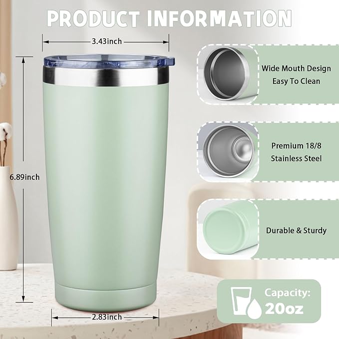 20 oz Tumbler with Lids and Straws, Stainless Steel Insulated Coffee Tumbler, Double Wall Vacuum Insulated Travel Mug Cup, Leakproof Thermal Coffee Cup for Hot and Cold Drinks (green tea) - Image 2