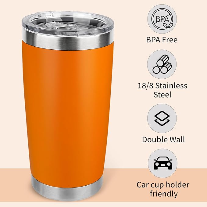 20oz Stainless Steel Tumbler Bulk with Lid, Travel Mug - Double Wall Vacuum Powder Coated Cup - Orange, 6 Pack - Image 2