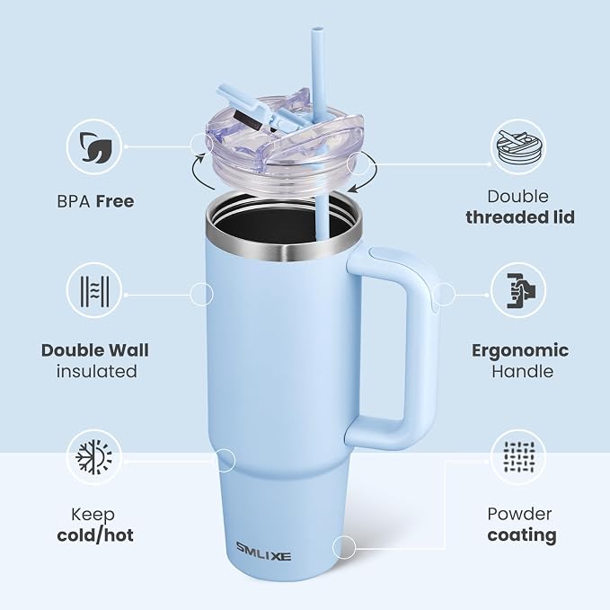 30 oz Tumbler with Handle, Tumbler with Lid and Straw, Double Wall Vacuum Insulated Travel Mug Stainless Steel Tumbler for Hot and Cold, Cupholder Friendly (Blue) - Image 2
