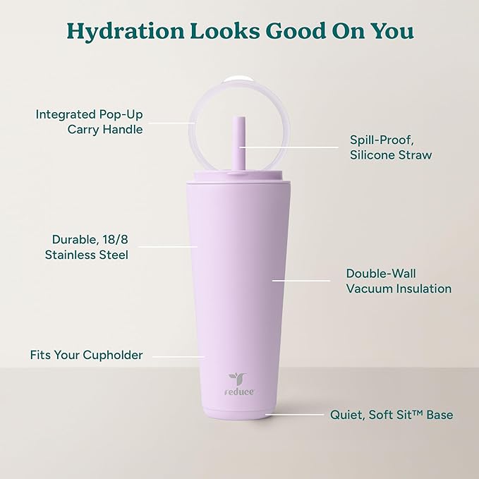 REDUCE Halo 32 oz Stainless Steel Vacuum Insulated Tumbler - Spill Proof Travel Mug with Flip Handle Lid - Keeps Drinks Cold for 32 Hrs - Dishwasher Safe - Cupholder Friendly - Lilac Bud - Image 4