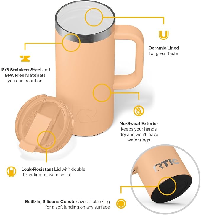 RTIC 16oz Road Trip Travel Mug with Lid and Handle, Ceramic Lined, Insulated, Stainless Steel, Metal, Double Wall Vacuum-Insulation, Portable Coffee, Tea Cup for Hot and Cold Drink, Peach Tea - Image 4