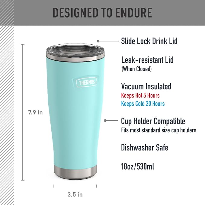 THERMOS ICON SERIES, Stainless Steel Tumbler with Slide Lock, 18 Ounce, Sea Green - Image 2