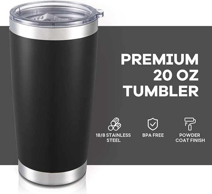 20 oz Tumbler with Lid Stainless Steel Insulated Tumblers Bulk Double Wall Vacuum Cups Powder Coated Travel Mug Keep Drink Cold and Hot, Black, 8 Pack - Image 2