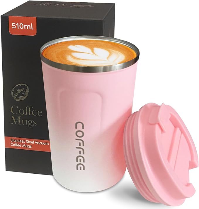 YINBAOGE Insulated Travel Coffee Mug, Spill & Leak Proof, Portable To Go Camping Stainless Steel Coffee Tumbler, Reusable Thermal Coffee Cup with Lid for Hot & Cold Drinks (2nd-Pink White, 17 OZ) by YINBAOGE
