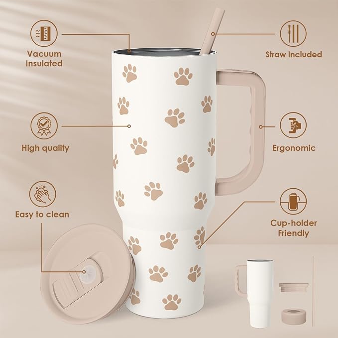 Paw Print Tumbler with Handle, Gifts for Dog Mom, Stainless Steel Insulated Tumblers Coffee Travel Mug Cup, Gift for Women Girls on Birthday Christmas Mothers Day, 40oz - Image 2