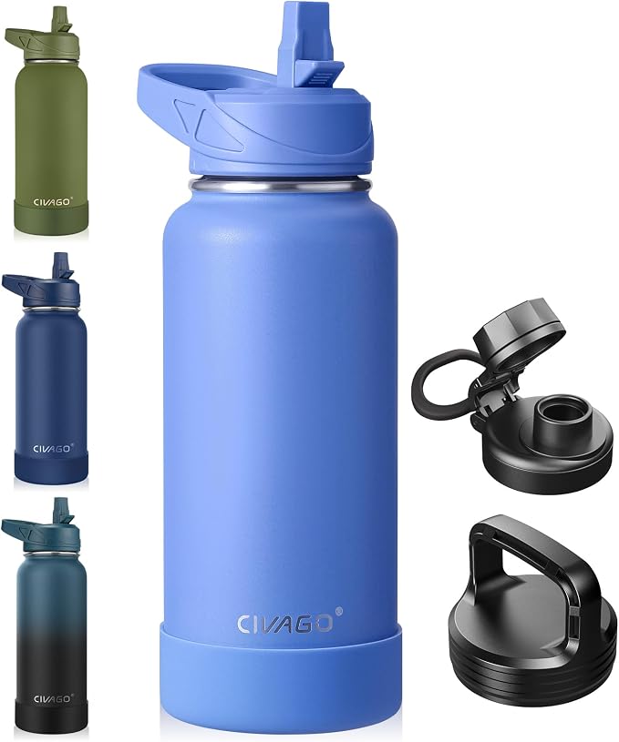 CIVAGO 32 oz Insulated Water Bottle With Straw, Stainless Steel Sports Water Cup Flask with 3 Lids (Straw, Spout and Handle Lid), Wide Mouth Travel Thermal Mug, Light Blue by CIVAGO