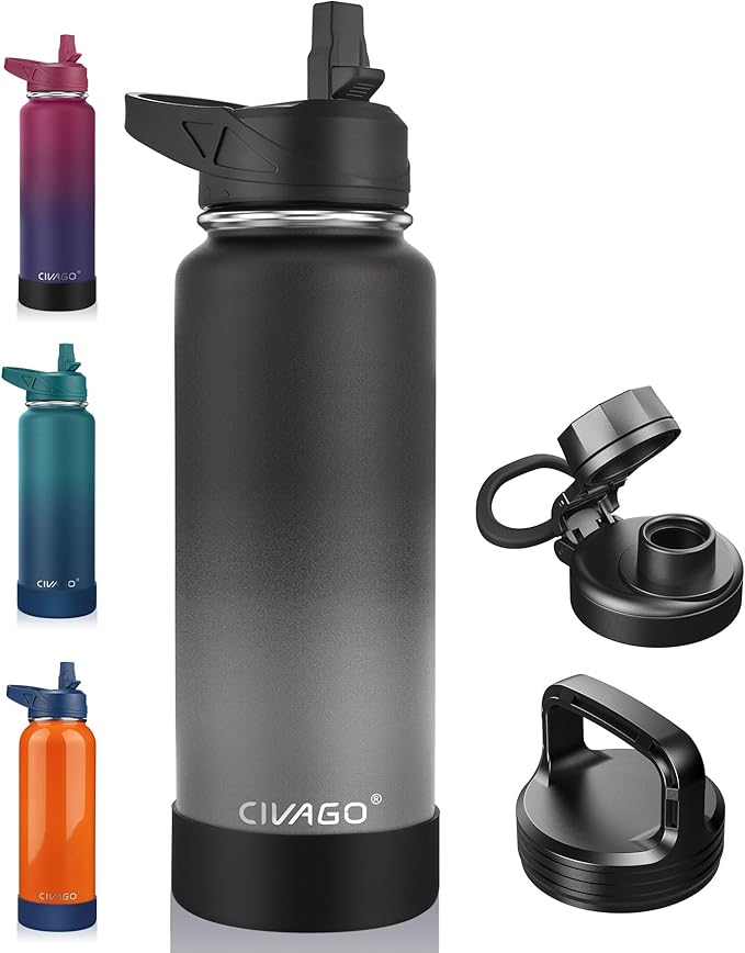 CIVAGO 40 oz Insulated Water Bottle With Straw, Stainless Steel Sports Water Flask Cup with 3 Lids (Straw, Portable Spout and Handle Lid), Double Walled Travel Thermal Canteen Mug, Classic Omber Gray by CIVAGO