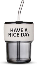 BLUEPOLAR 13oz/400ml Glass Water Tumbler with Straw and Lid Sealed Carry on Thick Wall Iced Coffee Cup for Water, Iced Tea, Fruit Juice (Have a Nice Day) by BLUEPOLAR