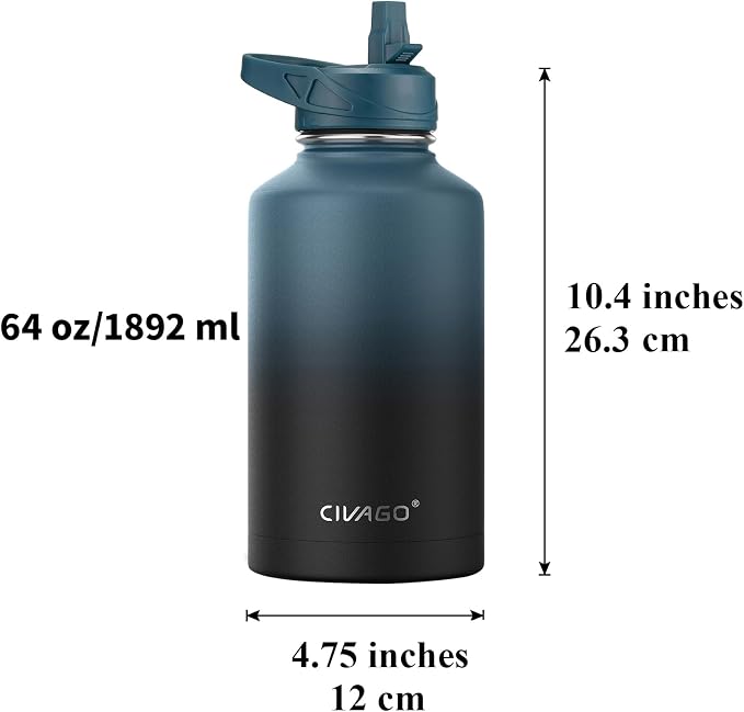 CIVAGO 64 oz Insulated Water Bottle With Straw, Half Gallon Stainless Steel Sports Water Flask Jug with 3 Lids (Straw, Spout and Handle Lid), Large Metal Thermal Cup Mug, Dark Night - Image 4
